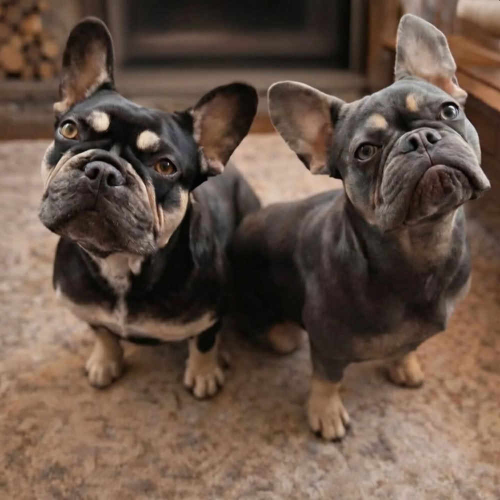Black and tan and blue and tan French Bulldogs standing together indoors