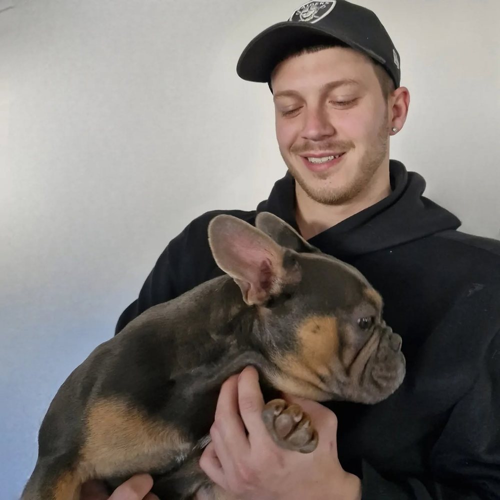 Chocolate and tan French Bulldog being held by his new owner